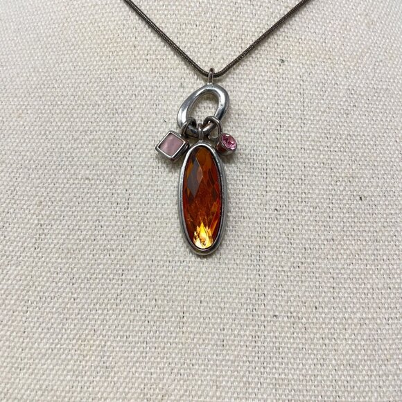 Lia Sophia Medley‎ Pendant Necklace Orange Pink Gems Silver-Tone Chain - Picture 3 of 9
